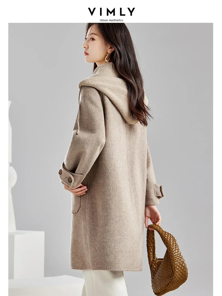 Vimly Double Faced Wool Blend Long Coat Winter Women Woolen Jacket Removable Contrast Knitted Hood Female Warm Overcoat 50659