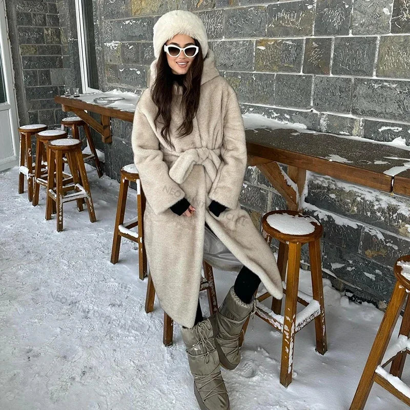 Neo Mint Belted Faux Mink Fur Coat Women 2024 Winter Beige Gradient Furry Fur Jacket Luxury Brand Hooded Warm Outerwear Overcoat