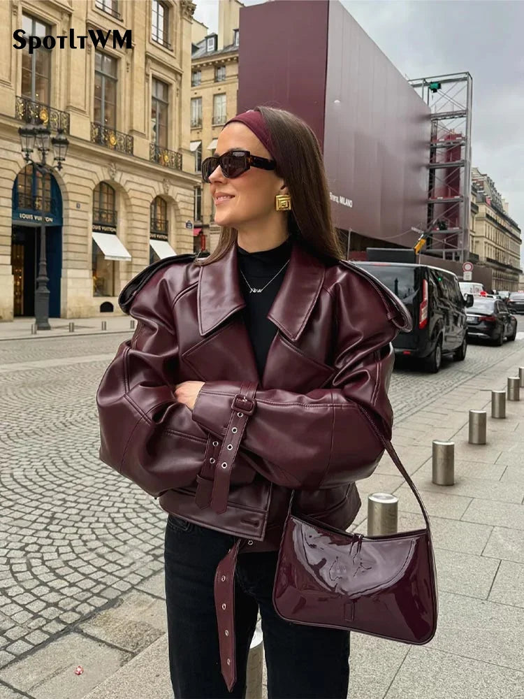 Elegant Wine Red Cropped Leather Jacket For Women Fashion Turn-down Collared Long Sleeve Coat 2024 Spring Chic Streetwear Outfit