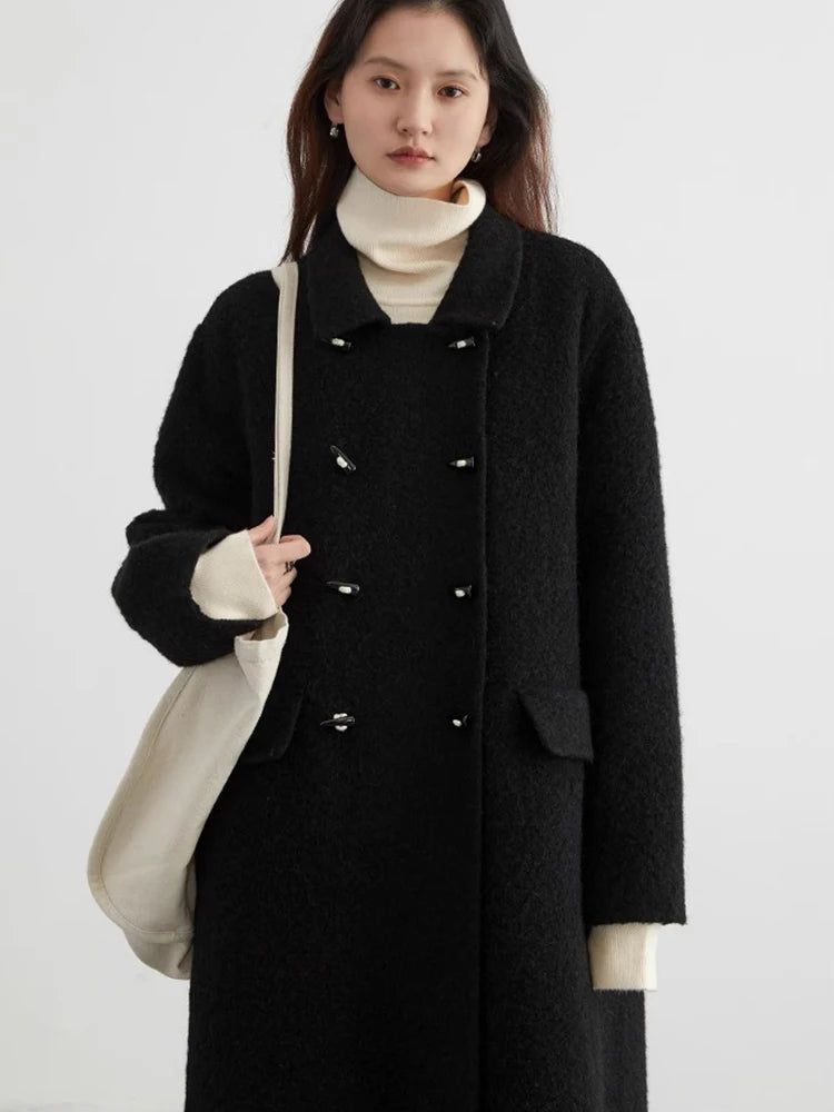 CHIC VEN Women Woolen Coats Solid Double-breasted Loose Retro Polo Collar Wool Woman Long Ladies Coat Spring Autumn 2024