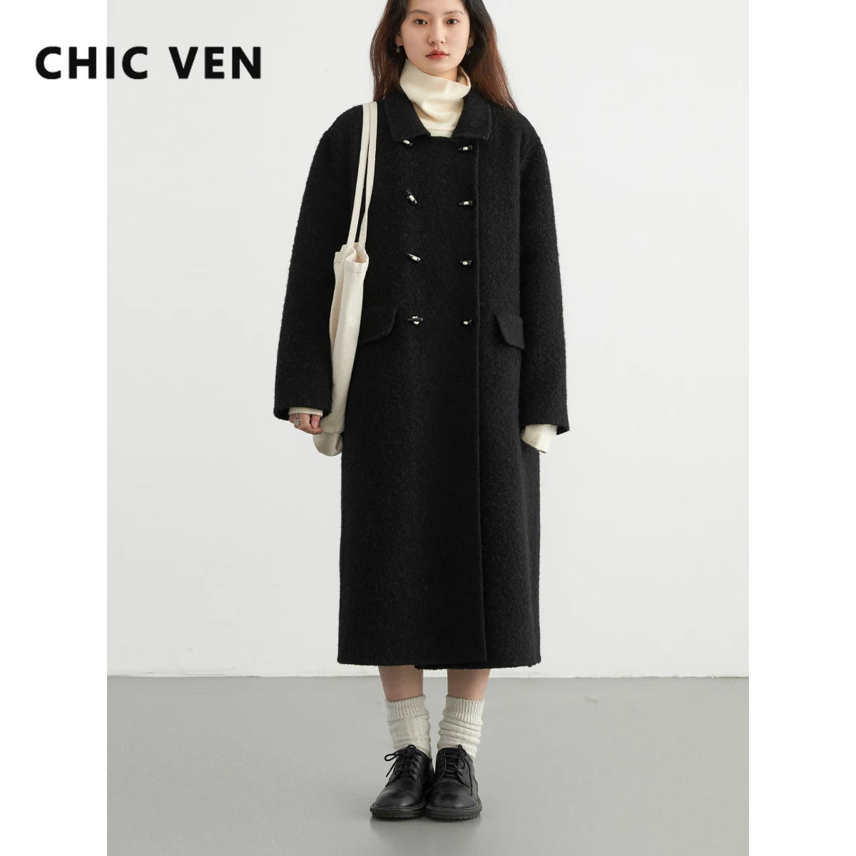 CHIC VEN Women Woolen Coats Solid Double-breasted Loose Retro Polo Collar Wool Woman Long Ladies Coat Spring Autumn 2024