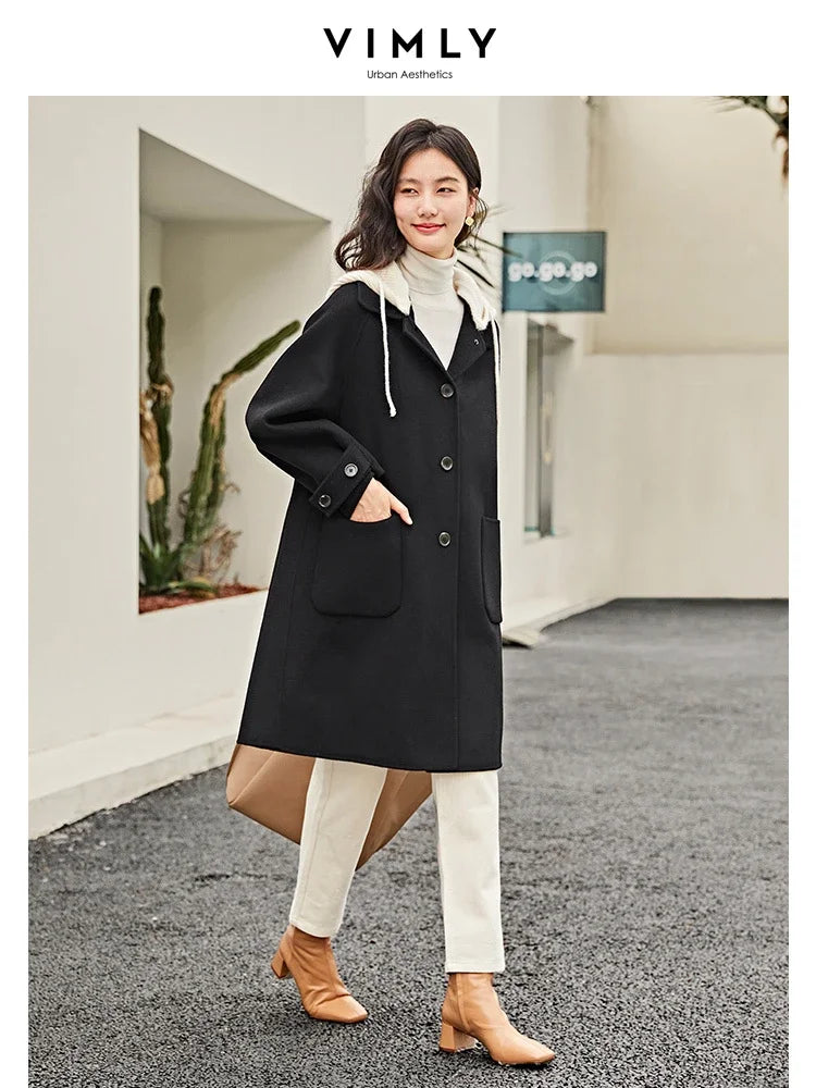 Vimly Double Faced Wool Blend Long Coat Winter Women Woolen Jacket Removable Contrast Knitted Hood Female Warm Overcoat 50659