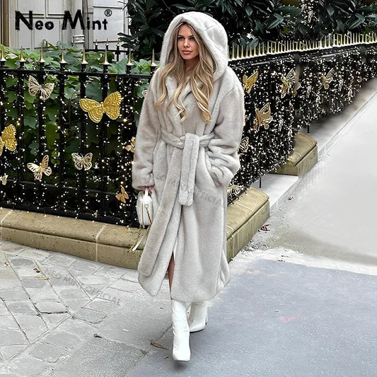 Neo Mint Belted Faux Mink Fur Coat Women 2024 Winter Beige Gradient Furry Fur Jacket Luxury Brand Hooded Warm Outerwear Overcoat